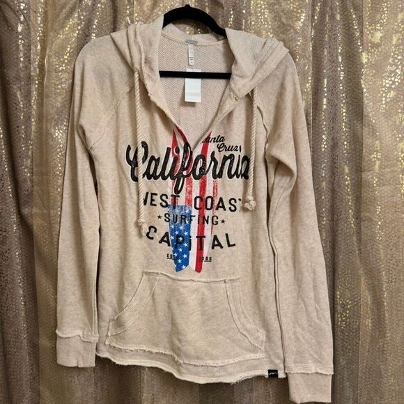 TechStyles Cream Ivory Boho Santa Cruz California Hoodie Sweater L NWT - Picture 1 of 6